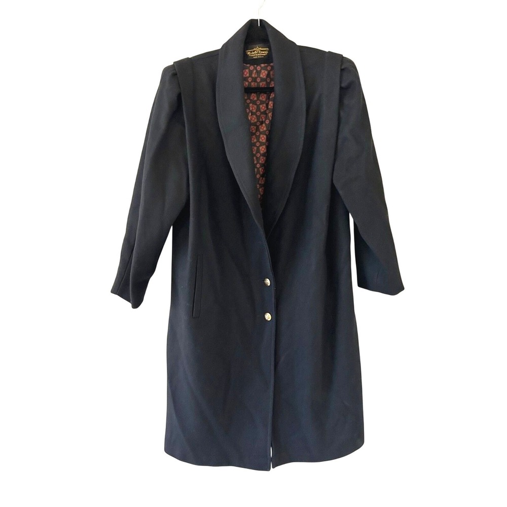 Vintage Michelle Francois Coat Women L Black Wool Blend Shawl Collar 80s Coat